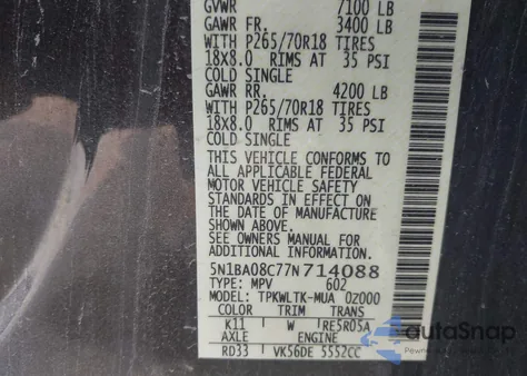 2007 Nissan Armada Se z USA, uszkodzony, nr VIN 5N1BA08C77N714088